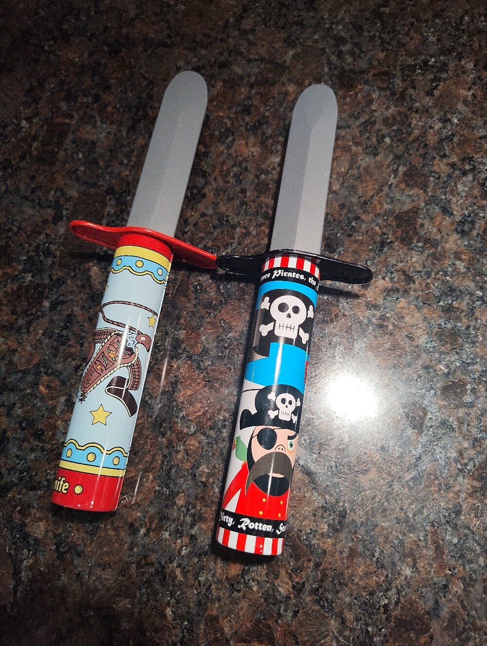 Kids Toy Retractable Fake Knives, Bundle Of Two, Cowboy And Pirates